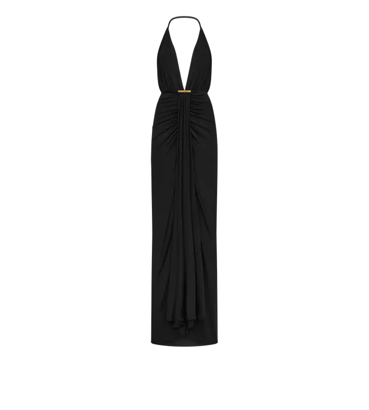 V-NECK EVENING DRESS WITH DRAPED WATERFALL DETAIL BLACK online